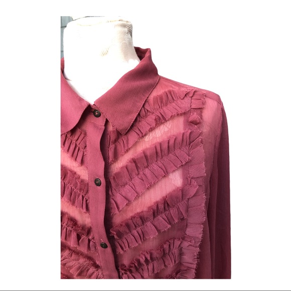 Free People ~ Sheer Button down Ruffle Top - Picture 4 of 9